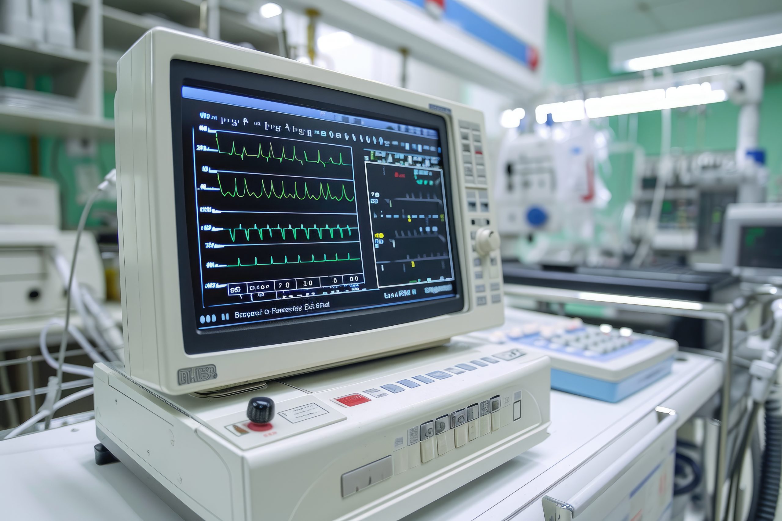 A computer monitor with a black screen sits atop a wooden table in a well-lit room, Innovative ECG machine in a cardiology department.