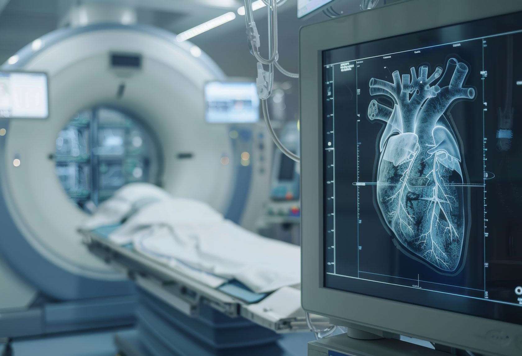 Advanced computed tomography (CT) scanner in a hospital room displaying a detailed scan of a human heart on the monitor.
